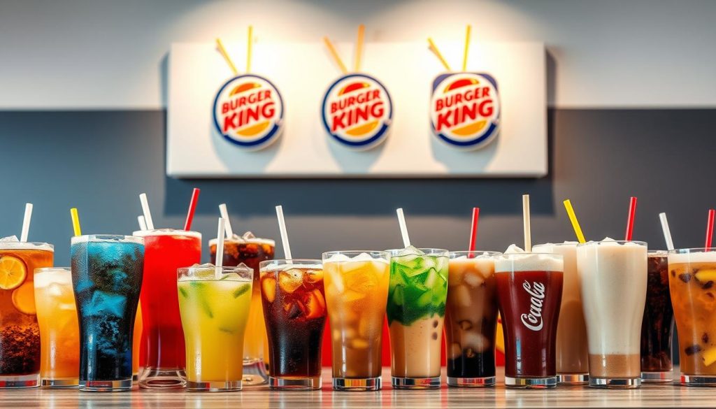 Vivid array of Burger King's signature beverages, captured with a crisp, high-resolution lens. In the foreground, an assortment of colorful drinks - from frosty sodas and refreshing iced teas to creamy milkshakes and rich coffee blends. Arranged artfully, each glass showcases its distinct hue and texture, inviting the viewer to take a sip. The middle ground features the iconic Burger King cups and straws, set against a sleek, minimalist backdrop that highlights the drinks' vibrant presence. Soft, even lighting illuminates the scene, creating a welcoming and appetizing atmosphere that perfectly complements the Burger King menu.