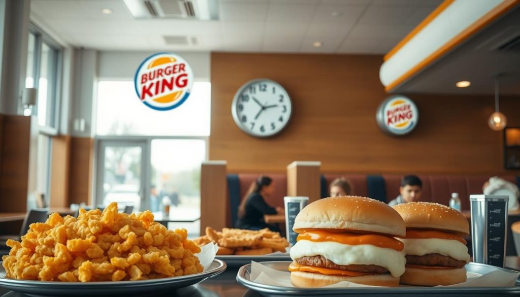 a bright and airy diner interior with high ceilings, large windows, and warm wood accents. In the foreground, a display of Burger King breakfast menu items is prominently featured, including golden hash browns, fluffy egg sandwiches, and the iconic Croissan'wich. The middle ground showcases a group of customers enjoying their meals at cozy booths, while the background depicts a Burger King logo-emblazoned clock indicating the breakfast service hours. The scene is bathed in soft, natural lighting that creates a welcoming and inviting atmosphere, conveying the idea of a satisfying start to the day with Burger King's breakfast offerings.