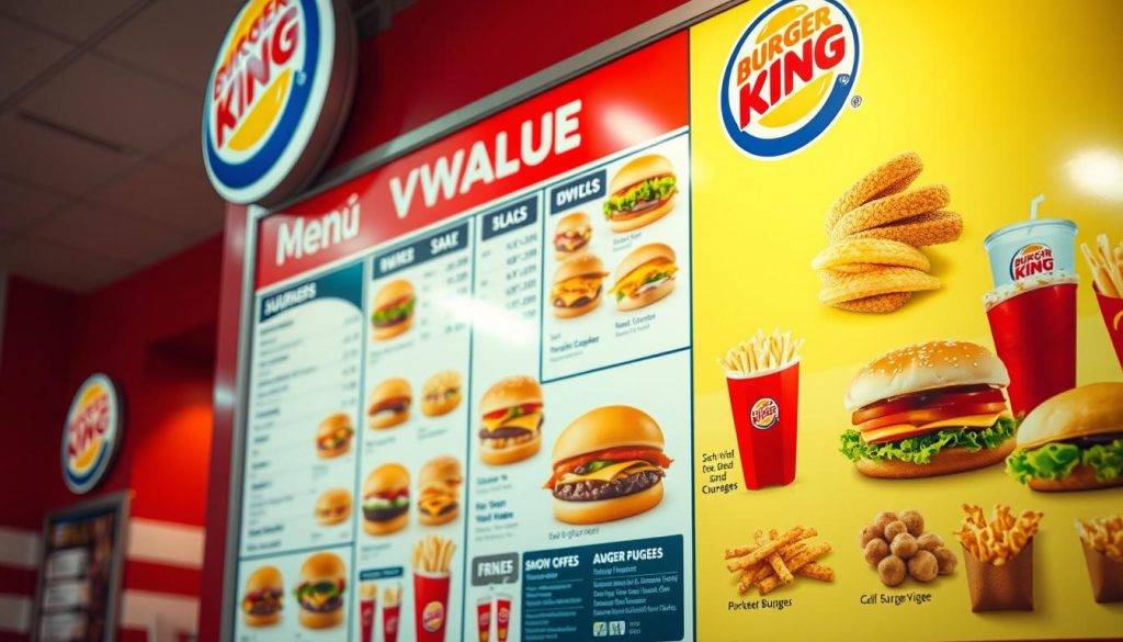 a detailed photograph of a Burger King value menu board in a restaurant interior, featuring a variety of burgers, sandwiches, fries, and drinks against a backdrop of Burger King's signature red and yellow color scheme, with soft lighting creating a warm and inviting atmosphere, the menu items displayed in a clear and organized layout, capturing the essence of the Burger King value menu experience