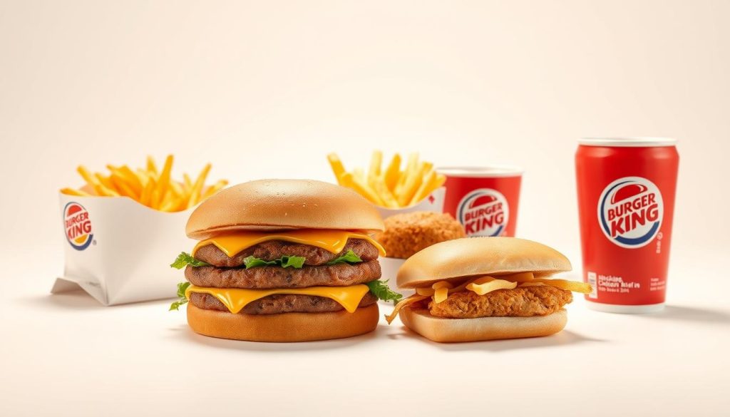 a fast food restaurant menu featuring a variety of Burger King value meal options, including a Big King sandwich, a Chicken Jr. sandwich, small fries, and a small soft drink, arranged on a plain white background with warm, natural lighting illuminating the items. The items are displayed in an appealing, appetizing manner, showcasing the value and variety of the Burger King value menu. The overall composition and styling convey a sense of simplicity, affordability, and quality.