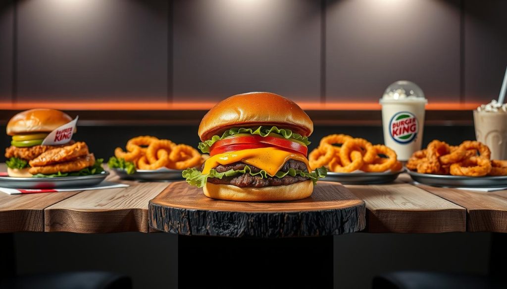 a gourmet-style burger on a rustic wooden table, with a variety of new Burger King menu items arranged around it, including a chicken sandwich, onion rings, and a milkshake. The table is set against a modern, minimalist background with subtle lighting, creating a clean and inviting atmosphere. The focus is on showcasing the visual appeal and high-quality ingredients of the new Burger King offerings.
